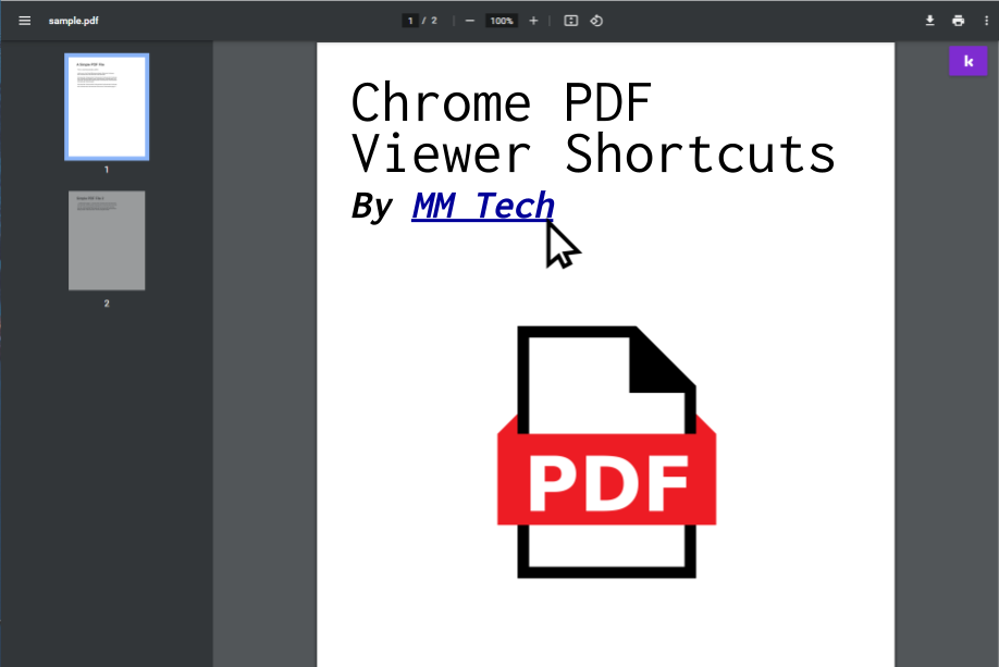 An image of a PDF document that reads, "Chrome PDF Viewer Shortcuts by MM Tech" / Chrome PDF Shortcuts