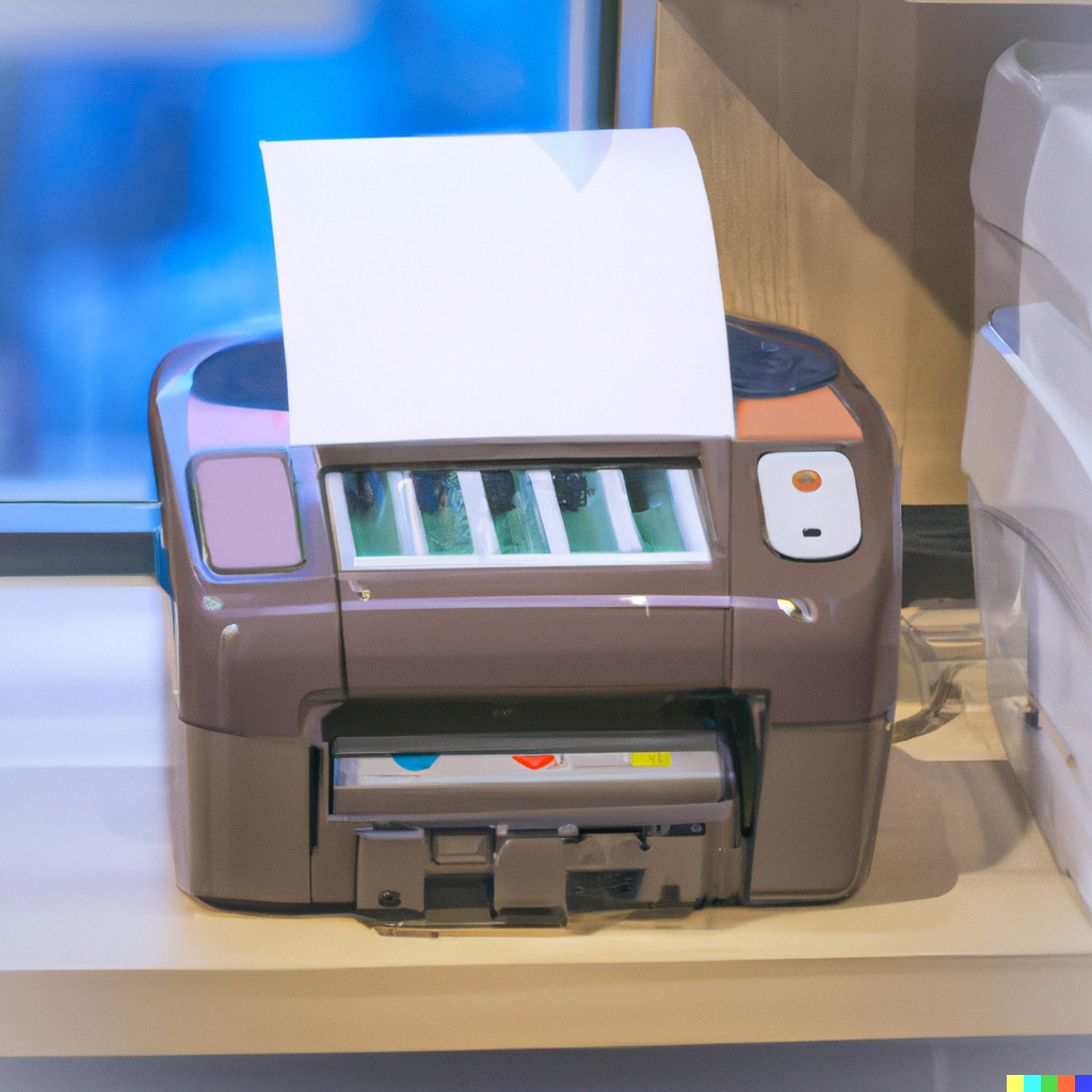AI generated artwork of a printer on OpenAI, when asked to "depict a printer on display on a shelf in Italy."