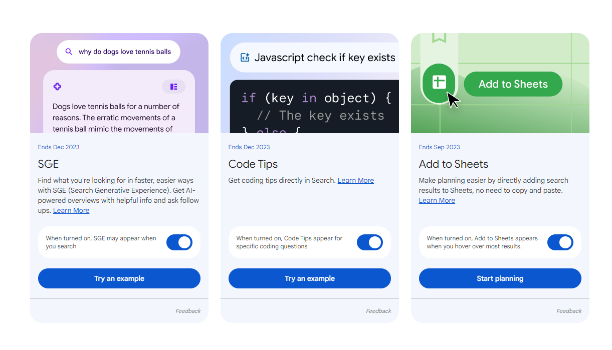 a display showing the latest features in Google Search results, through "Search Labs"